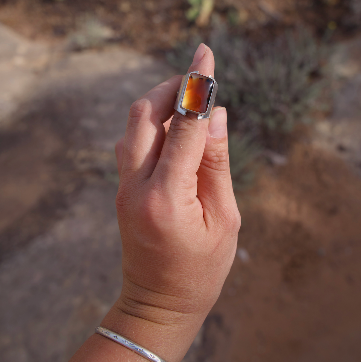 Hand wearing a silver ring with a red stone against a desert background